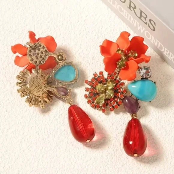 Floral Orange Gemstone Drop Earrings - Picture 6 of 7